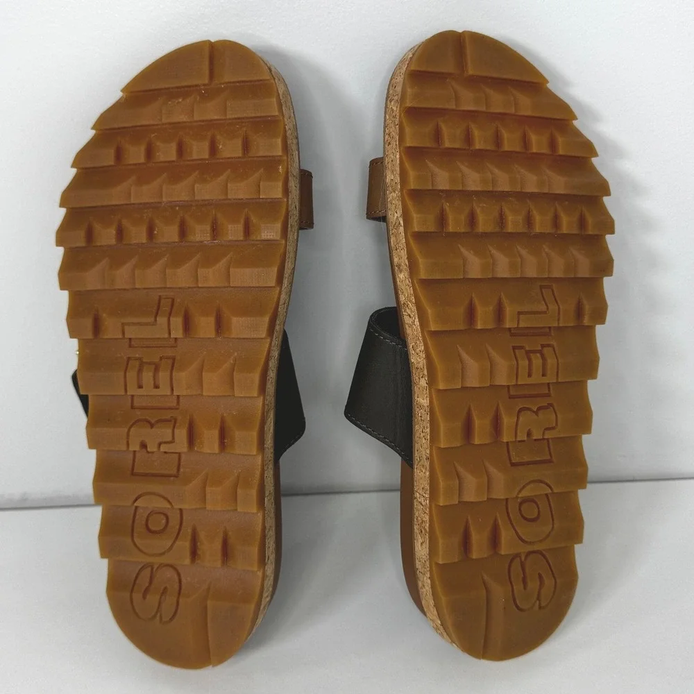 SOREL Roaming Buckle Slide Sandals Women 7.5 Velvet Tan Black Leather Minimalist